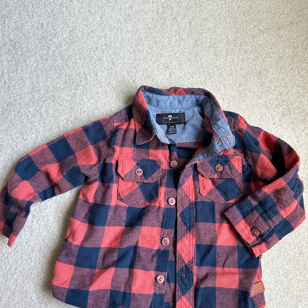 7 for mankind 12months boy Red and Blue Plaid Button-Up Shirt